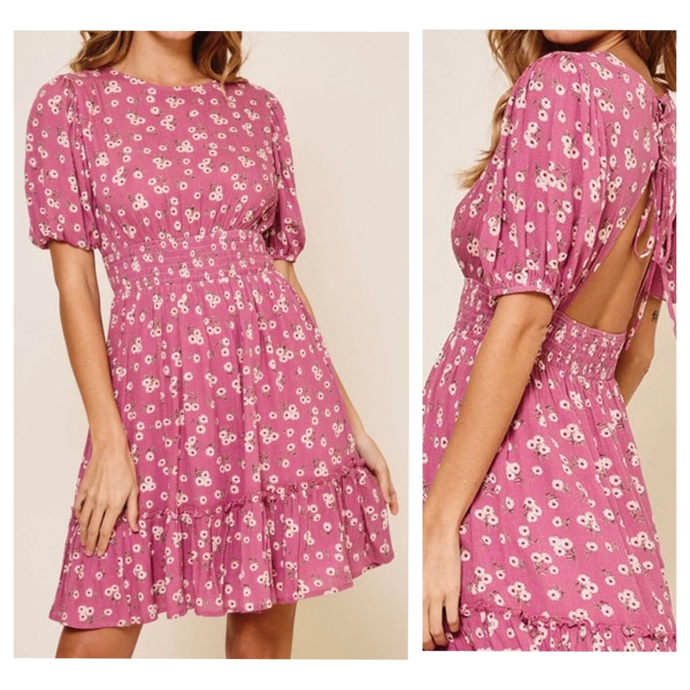 Mauve pink daisy floral smocked waist open back ruffle hem dress puff sleeve